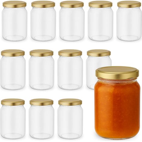 12 Barattoli in vetro resistente da 200 ml con tappo dorato twist off ermetico - Ideali per marmellate, conserve e bomboniere (1/5)