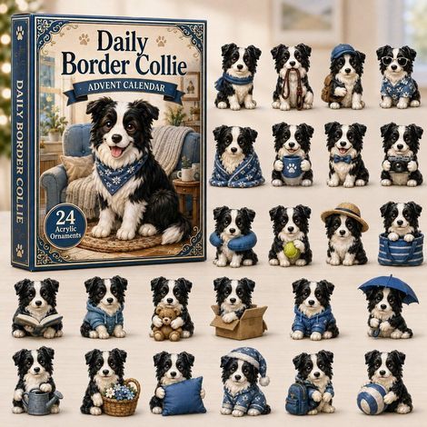 Border collie canapé bleu calendrier avent 2026 2D boîte surprise