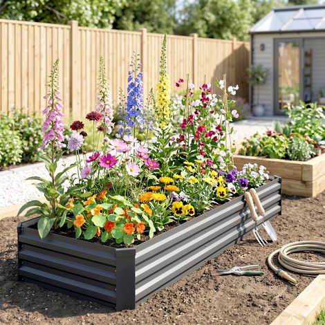 Carré potager rectangulaire lit jardin acier galvanisé fond ouvert 240x60x30 cm gris foncé. Grand bac pour vos cultures de légumes, résistant et pratique. (1/5)