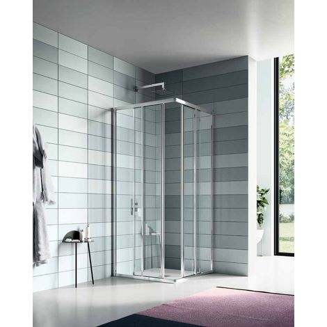 Samo - Accès d'angle rectangulaire ouverture coulissante 77-81/97-101cm 4 panneaux Blanc verre transparent - America