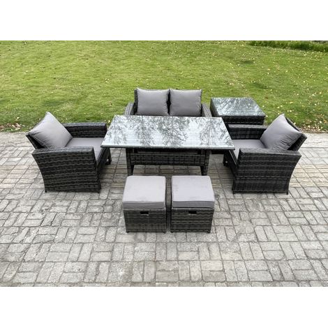 Fimous PE Wicker Outdoor Garden Furniture Set Patio Furniture Rattan Rectangular Dining Table Lounge Sofa with Side Table 2 Small Footstool (1/5)
