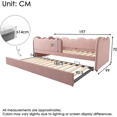Canapé-lit escamotable banquette 90x190cm avec lit gigogne, sommier à lattes intégré, revêtement velours rose, pour enfant ou chambre, sans matelas