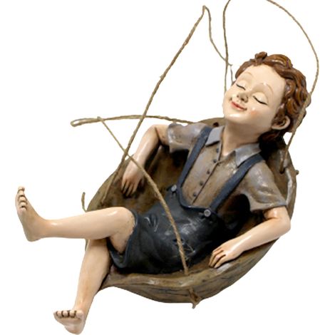 Statua sospesa a forma di altalena raffigurante un bambino addormentato scultura, decorazione per giardino esterno. (1/5)
