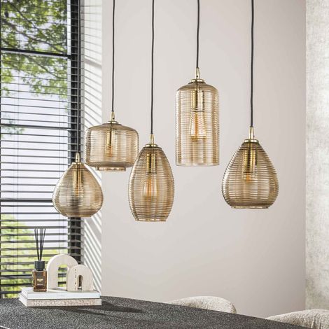 Suspension 5 lampes 126x20x150 cm en verre ambré et métal