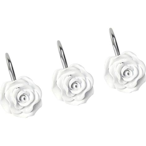 12 crochets de rideau douche en résine blanche avec motif rose , résistants à l'humidité et faciles (1/5)