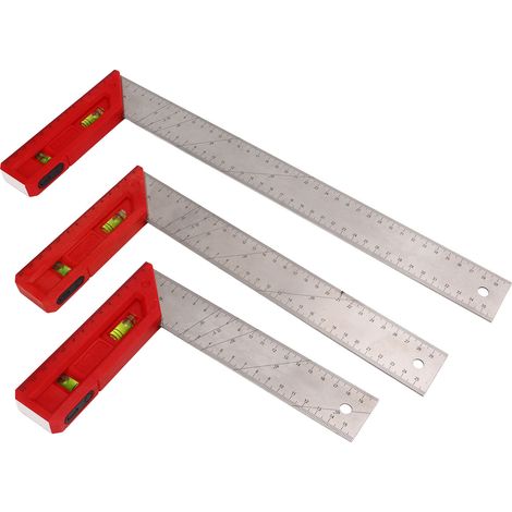 Équerre menuiserie inox rouge argent 20 cm avec bulle niveau, règle à dessin 90 45°, outil bricolage pro stable, 1 pièce (1/5)