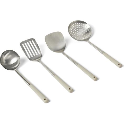 Lot de Cuillères et Louches de Cuisine en Acier Inoxydable, Lot de 4 Pièces, Manche Ergonomique Souple, Compatible Lave-Vaisselle, Couleur Gris Lin (1/5)