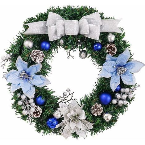 Couronne artificielle de Noël 30 cm - KAGOLOW - Bleu et argent - Poinsettias pailletés - Nœud argenté - Boules de Noël (1/5)