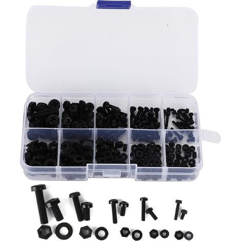 270 pièces/boîte M2/M2.5/M3/M4/M5 Kit d'assortiment de rondelles d'écrous à vis en Nylon, vis à tête cylindrique Phillips, écrous, rondelles Plates, Attaches matérielles (Black) (1/5)