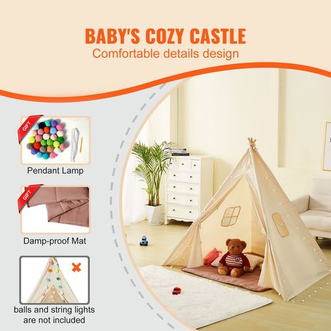 Tipi enfant 1-5 ans, tente de jeu avec tapis et balles peluche, tente avec fenêtres intérieur extérieur, pour garçons filles, beige, 118x118x143 cm (1/5)
