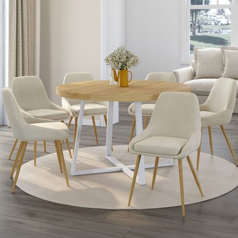 Lote de 6 sillas de comedor THALYA de terciopelo beige con patas y reposabrazos de efecto madera (1/5)