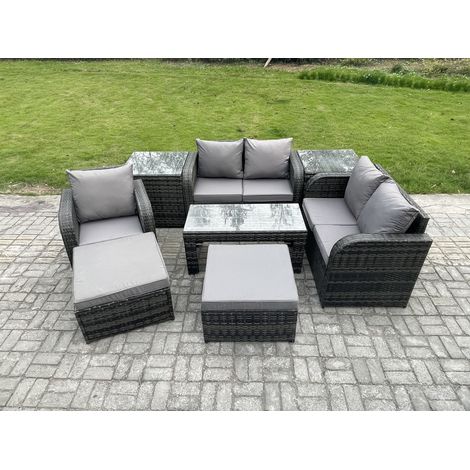 Fimous 8 Pcs Rattan Gartenmöbel Sofa Set Tisch & Stühle Set mit 2 Beistelltischen 2 hohen Hockern Dunkelgrau Gemischt (1/5)