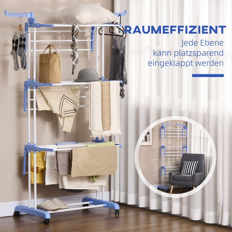 Séchoir à linge tour colonne extensible 73 x 64 x 177cm sur roulettes, 4 niveaux, acier bleu, pour intérieur et extérieur (1/4)