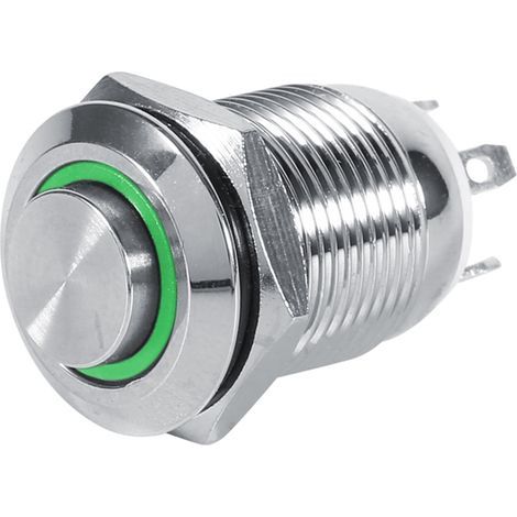 Momentary push button made of waterproof metal, 12mm, high flush, 4 pins, green LED, 3V (1/3)
