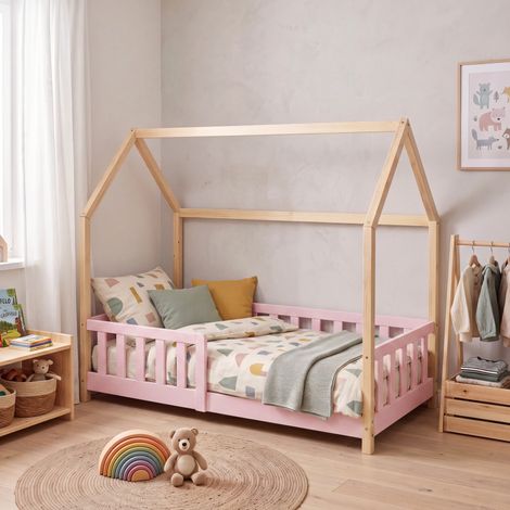 Hausbett Hesel mit Rausfallschutz 80x160 cm Rosa/Natur [en.casa] (1/5)