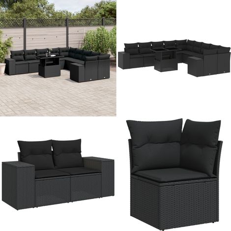 11-tlg. Garten-Sofagarnitur mit Kissen Schwarz Poly Rattan - Gartenmöbel Set - PE-Rattan Möbel - Outdoor Lounge - Gartenlounge - Terrassenmöbel - Home & Living (1/5)