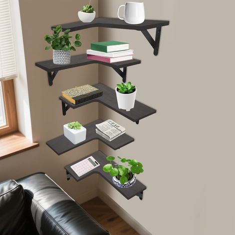 Lot de 5 étagères d'angle flottantes en forme de L - Étagère murale flottante - Étagère d'angle rustique pour chambre à coucher, salon, cuisine noir (1/5)