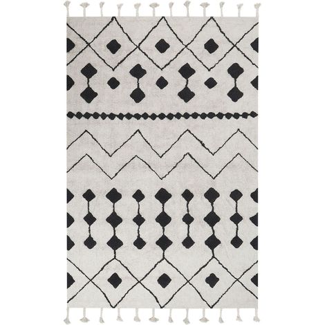 Tappeto cotone bianco sporco e nero 160 x 230 cm nappe e motivo geometrico Khemisset
