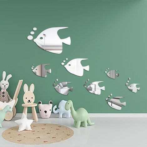 Miroir Stickers Muraux, 8 Pièces 3D Poissons Tropicaux Effet De Miroir Stickers Muraux Design À La Mode Art De Décalque Décoration De La Maison Argent (1/5)