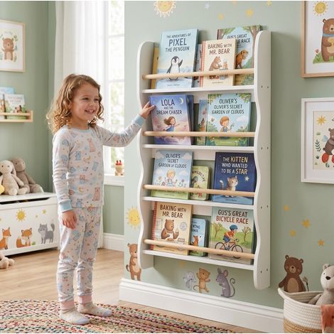 Wand-Bücherregal für Kinder 60 x 10 x 98 cm mit Kippschutz, weiß OKMYHOME (1/5)