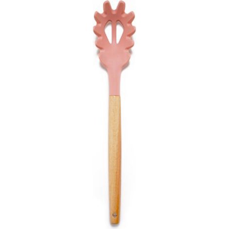 Cuillère à pâtes en silicone avec manche en bois rose, résistante à la chaleur, prise confortable, idéale pour nouilles et spaghettis (1/5)
