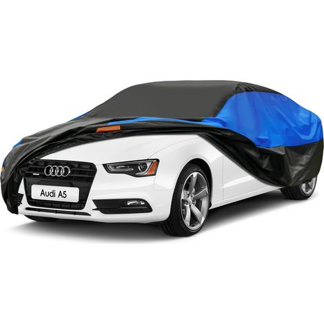 Funda para coche transpirable e impermeable para todo tipo de clima, funda para coche con protección anti-UV contra el polvo y la lluvia, universal para sedán/cupé (470-490 cm) 3XL negra y azul (1/5)