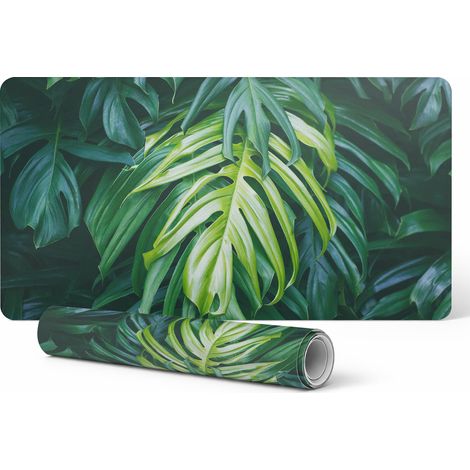 Alfombrilla protectora para escritorio, teclado y rat贸n con dise帽o de hojas tropicales, 120x60 cm.