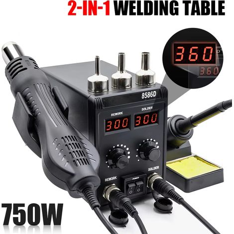 Station de Soudage 8586D 2 en 1 – Fer à Souder + Pistolet Air Chaud, Double Écran Digital pour Réparation SMD et Électronique