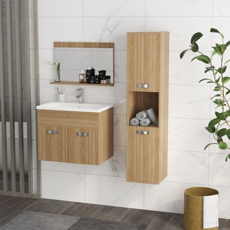 Conjunto de muebles de baño: armario con espejo + mueble de lavabo suspendido + armario alto de madera natural (1/5)
