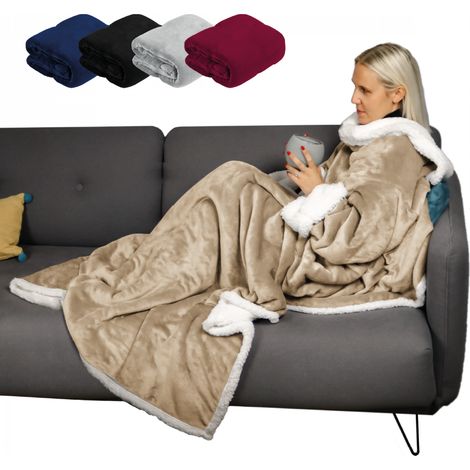 Plaid avec manches en sherpa et flanelle – 140 x 210 cm – Tissu 100% polyester – Lavable en machine à 30° – Beige – Vivezen