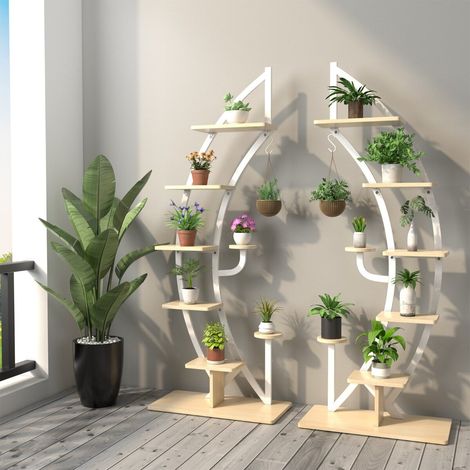 Lot de 2 étagères porte-plantes en métal à 6 niveaux avec crochet supérieur et structure stable pour salon, entrée et terrasse (1/5)