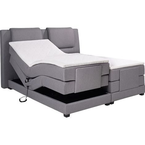Vente-Unique – Lit boxspring 2 x 80 x 200 cm – Sommier électrique avec matelas et surmatelas – Ressorts ensachés – Tissu polyester gris clair