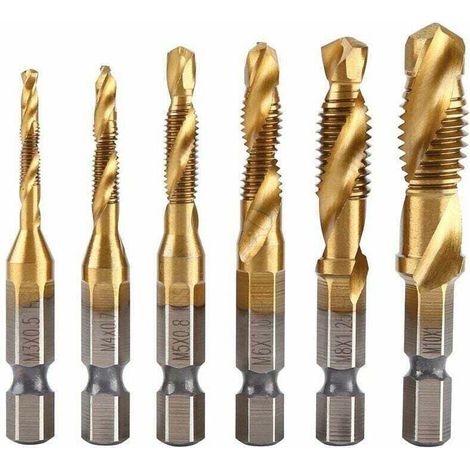 Lot de 6 Tarauds Filetés Métriques M3 à M10 Revêtement Titane HSS Queue Hexagonale 1/4 pour Filetage