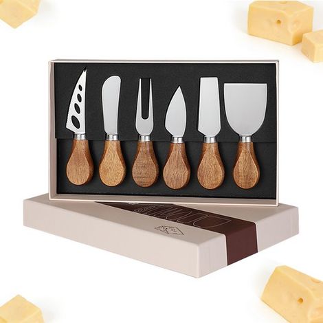 Juego de 6 cuchillos para queso, Cuchillo para queso de acero inoxidable, Mango de madera, cortador de queso, rebanador de queso, Plateado (1/5)