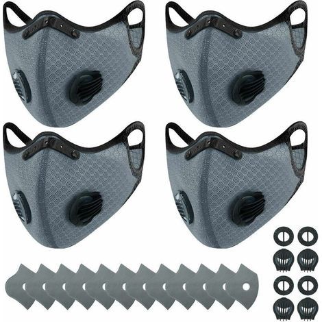pair 4 masques anti-poussière de sport + 12 filtres à charbon actif, réutilisables, respirants, activités de plein air, travail du bois, tonte et course, cyclisme gris-