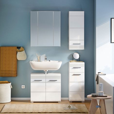 Ensemble 3 meubles + armoire de toilette décor blanc brillant - KUEDA