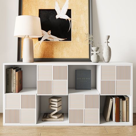 Meuble TV à lamelles, combinable en blanc, bois et noir, Lowboard MDF 125x30x60 cm pour salon