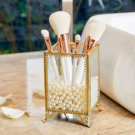 Cosmétiques, verre, laiton plaqué or, porte-pinceaux en or, perle blanche - Cosmétiques, verre, laiton plaqué or, porte-pinceaux en or, perle blanche