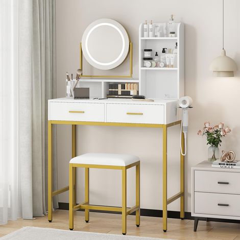 Coiffeuse Moderne avec Miroir LED & 3 Modes Lumineux –2 Tiroirs, 3 Casiers Ouverts, Tabouret Pivotant 360°–138 x80 x40 cm-Platinum (1/5)