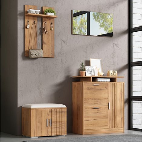 Recibidor con zapatero, banco y espejo, 4 ganchos, 5 puertas, efecto natural, 140x35x133 cm (1/5)