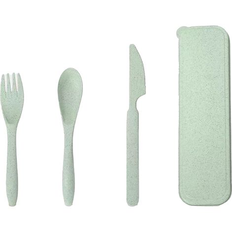 Ensemble de couverts en paille de blé, moderne et portable, avec boîte, idéal pour le bureau, l'école et les pique-niques (vert).