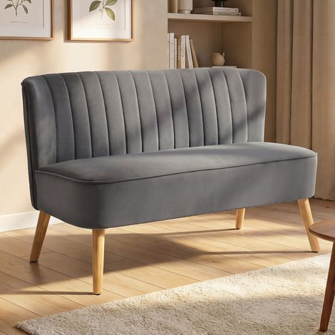 Sofá de dos plazas de diseño retro, patas de madera, 117 cm x 56,5 cm x 77 cm, gris oscuro. (1/5)