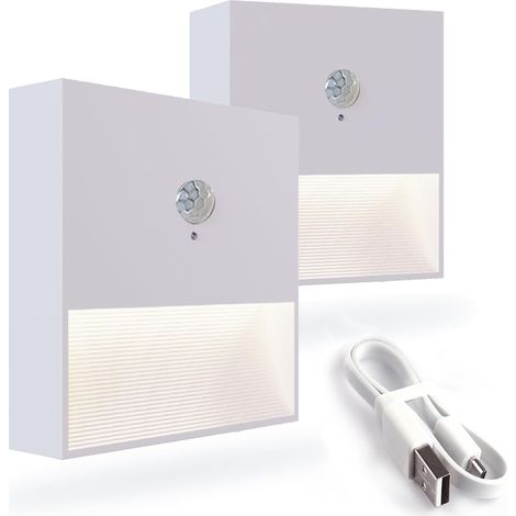 Luz de noche LED con detector de movimiento, juego de 2 luces de noche de pared recargables, 1000 mAh, 3000K, ideal para escaleras, habitación de bebé y pasillo.