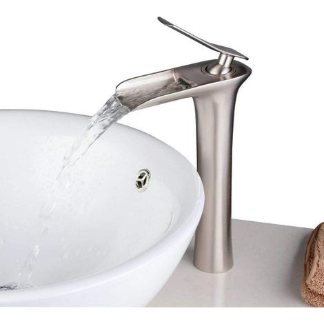 Wasserfall Wasserhahn Bad, Einhandmischer Waschtischarmatur, gebürstetes Nickel, Messing, Kalt- & Warmwasser (1/5)