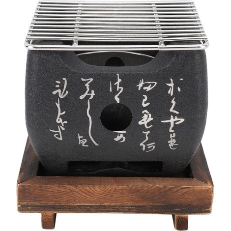 Mini Barbecue Japonais de Table au Charbon de Bois avec Plaque de Cuisson et Base en Bois, Grill Portable pour Balcon Extérieur, Patio, 16,5x14,5 cm (1/5)