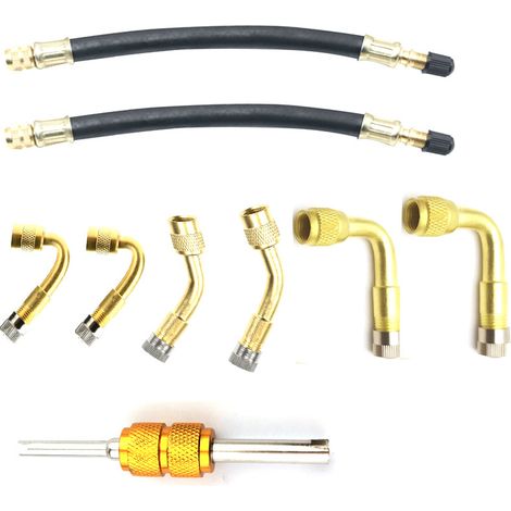 Reifenventilverlängerungsadapter-Set, 9 Stück, 90-Grad-Ventilverlängerung und 180 mm flexible Gummi-Reifenventilverlängerung, Kupfer-Ventiladapter, Winkelventilverlängerung für Autos, Motorräder, Fahr (1/5)