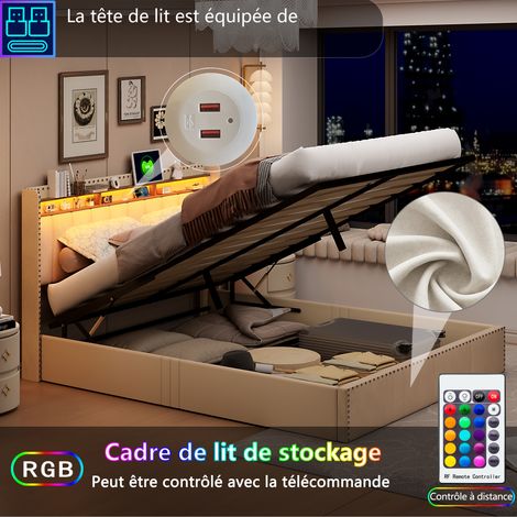 JOOKGBD- Lit coffre 140x200 cm,Lit double tapissier avec rangement hydraulique,tête de lit avec éclairage LED et ports USB Type-C, sommier à lattes,pour adultes et adolescents,Velours,Beige (1/5)