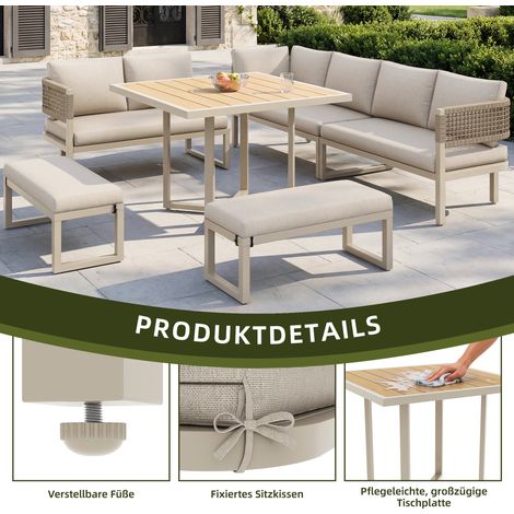Set de meubles pour jardin pour 8-10 personnes, canapé avec grand bureau bois synthétique, finition bois, pieds ajustables, tous coussins sièges et dos inclus. (1/5)