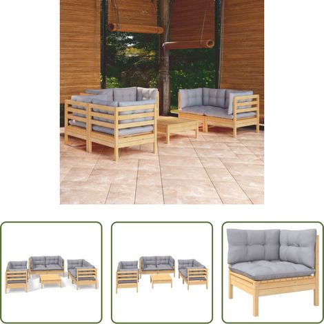 vidaXL Coussins -  Salon de jardin 7 pcs avec coussins gris bois de pin massif (1/5)