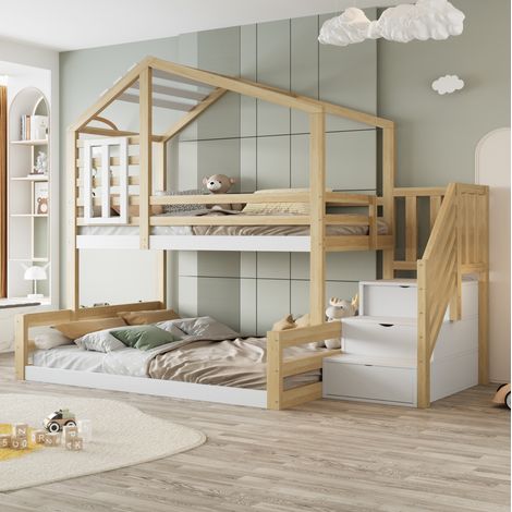 Litera infantil 90x200 cm de pino natural con escalera de almacenaje, sin colchón - MEUBLIV (1/5)